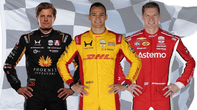 Indianapolis 500 champions Marcus Ericsson (2022), Alex Palou (2025) and Josef Newgarden (2023-24).