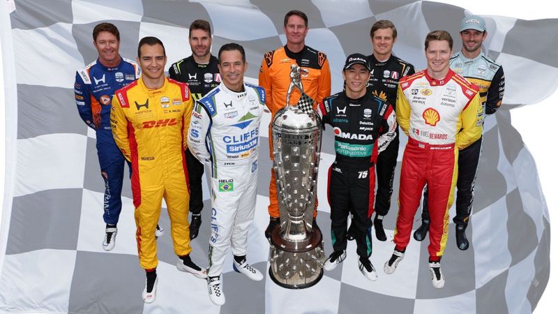 Indianapolis 500 winners competing in 2026, with the Borg-Warner trophy (from left): Scott Dixon (2008); Alex Palou (2025); Will Power (2018); Helio Castroneves (2001, '02, '09, '21); Ryan Hunter-Reay (2014); Takuma Sato (2017, '20); Marcus Ericsson (2022); Josef Newgarden (2023-'24), and Alexander Rossi (2016).