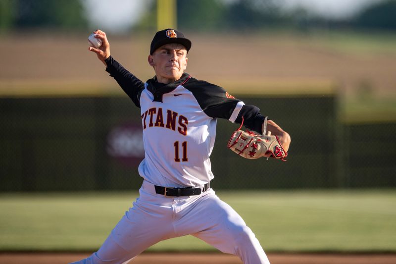 Gibson Southern's Jake Mazzier (11) pitches as the Gibson Southern Titans host the Heritage Hills Patriots in Fort Branch, Ind., Thursday, April 30, 2026.