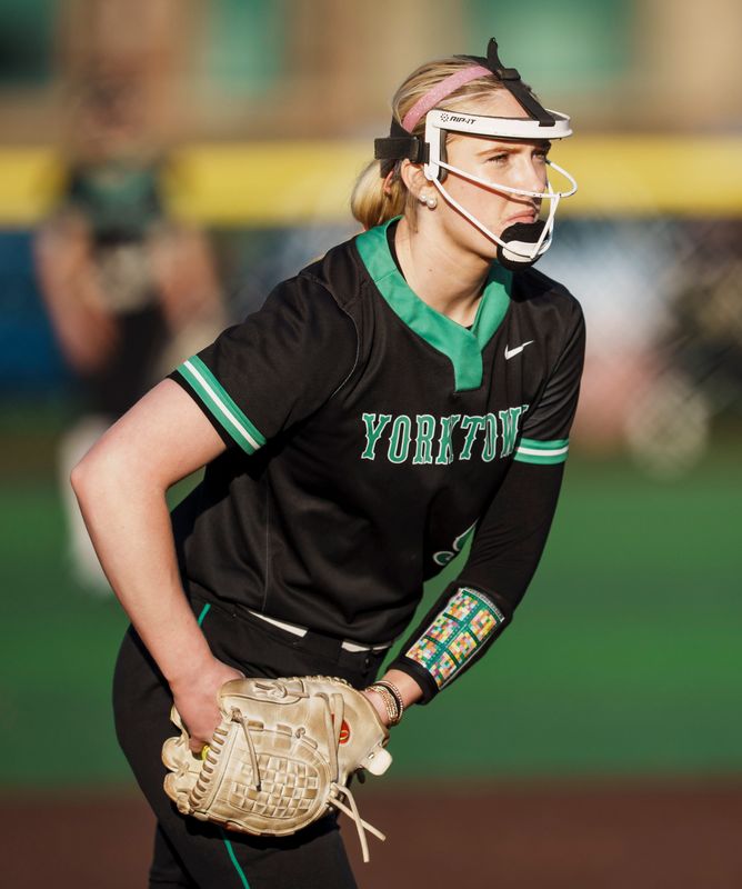 Olivia Jones (9) pitches for Yorktown as Westfield defeated Yorktown 3 to 0 Thursday, April 30, 2026, at the Monon Athletic Complex in Westfield.