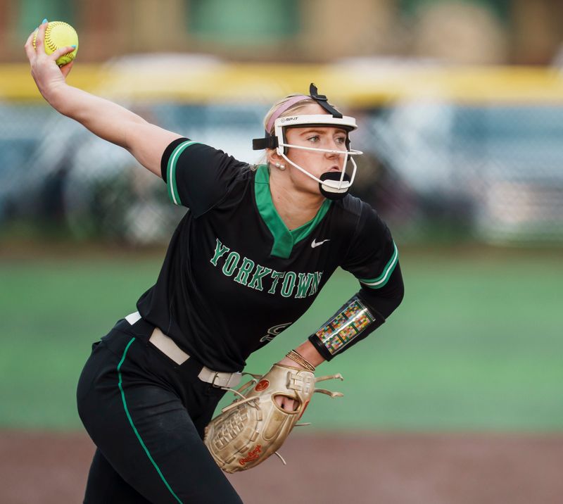 Olivia Jones (9) pitches for Yorktown as Westfield defeated Yorktown 3 to 0 Thursday, April 30, 2026, at the Monon Athletic Complex in Westfield.