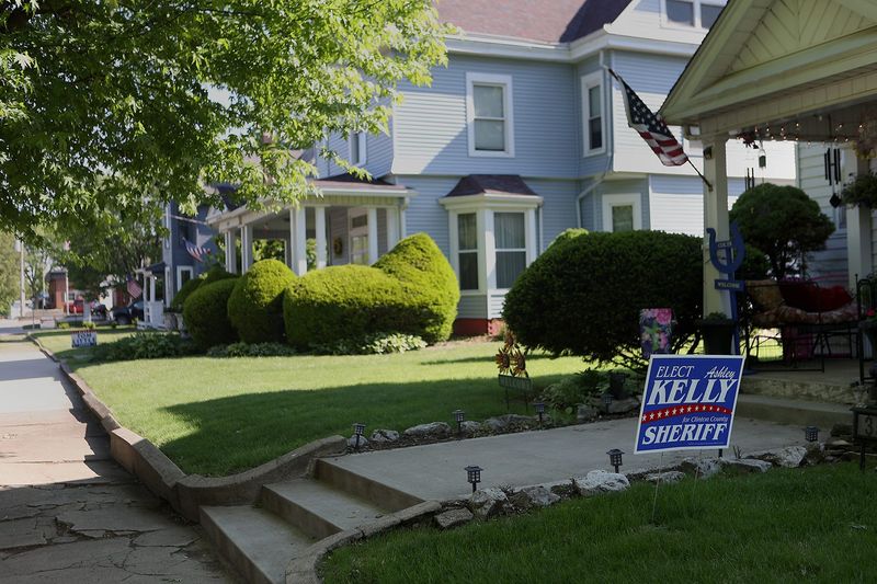 A sign promoting Ashley Kelly for Clinton County sheriff rests in a Frankfort yard despite recent allegations around her actions as jail matron and her husband's actions as sheriff.