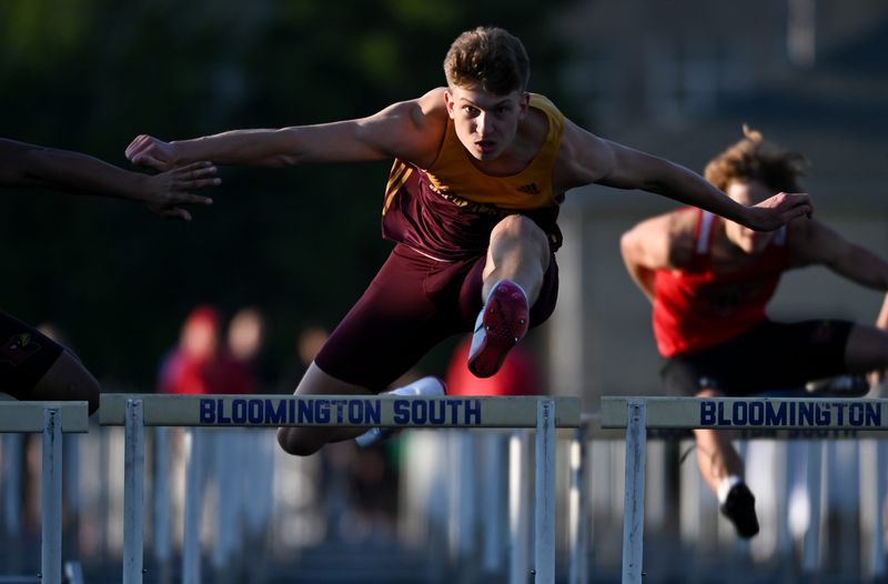 Bloomingto North’s Alan Hays competes in the 110 meter hurdles during the Conference Indiana track meet at Bloomington South on Friday, May 1, 2026.