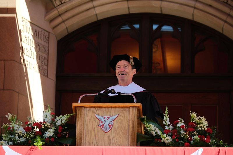 Actor Hugh Jackman delivers a commencement address at Ball State University on Saturday, May 2, 2026.