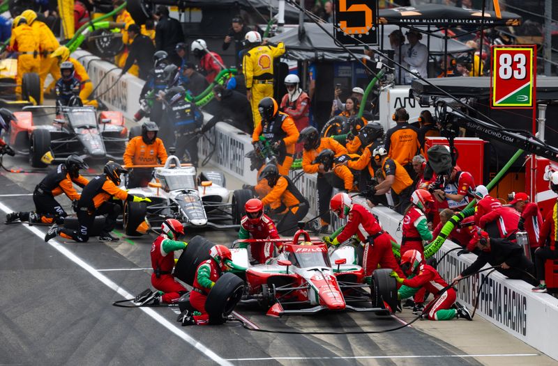 May 25, 2025; Indianapolis, Indiana, USA; IndyCar Series driver Robert Shwartzman pits during the 109th Running of the Indianapolis 500 at Indianapolis Motor Speedway.