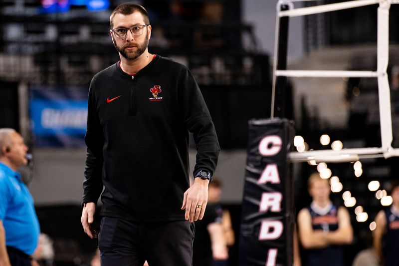 Ball State head coach Mike Iandolo stands on the sideline against Pepperdine during an NCAA Tournament match Saturday, May 2, 2026, at Riverview Health Arena at Innovation Mile.