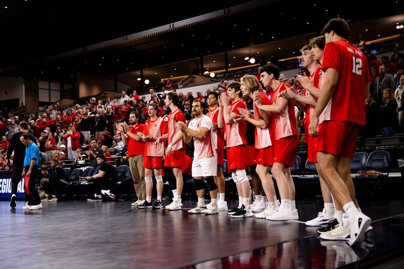 The Ball State volleyball bench cheers on Ball State senior outside hitter Patrick Rogers against Pepperdine during an NCAA Tournament match Saturday, May 2, 2026, at Riverview Health Arena at Innovation Mile.