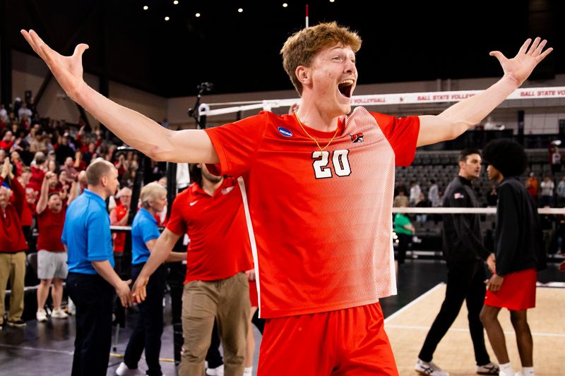 Ball State senior outside hitter Patrick Rogers cheers after winning against Pepperdine during an NCAA Tournament match Saturday, May 2, 2026, at Riverview Health Arena at Innovation Mile.