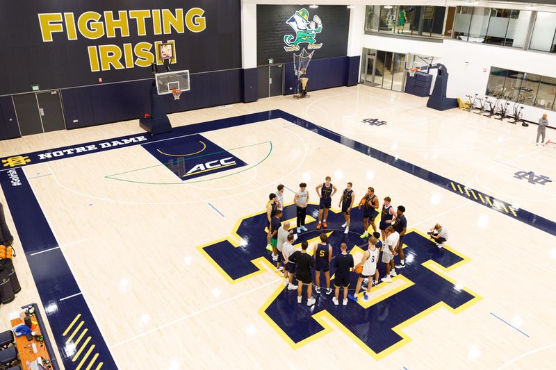 The Notre Dame men's basketball team huddles up during a practice at Rolfs Athletics Hall on Monday, July 28, 2025, in South Bend.