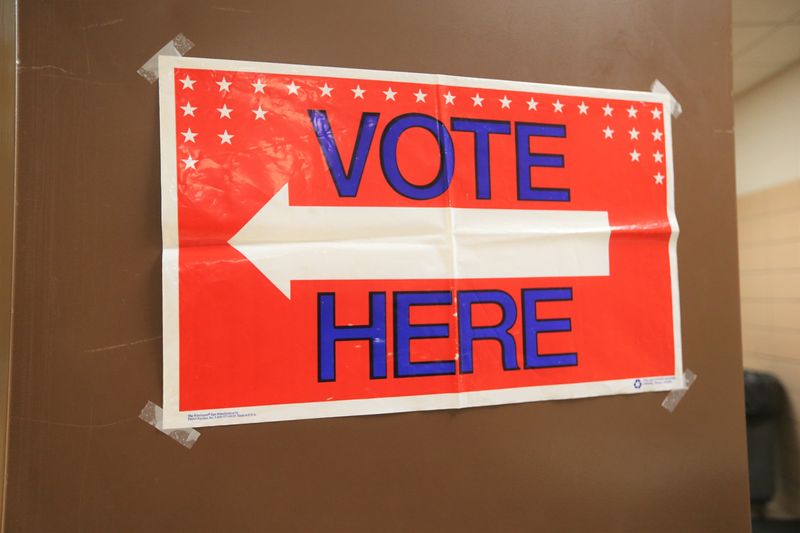 A "Vote Here" sign directing St. Joseph County residents on where to vote at Clay High School on primary Election Day May 5, 2026, in South Bend.