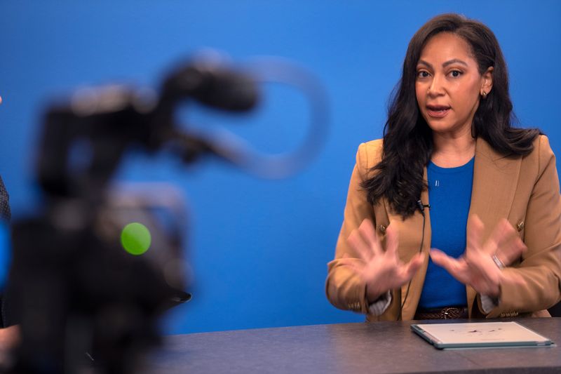 Sen. Andrea Hunley talks about her ideas during an interview Tuesday, May 5, 2026 at The Indianapolis Star. Hunley is running for Indianapolis mayor in 2027.