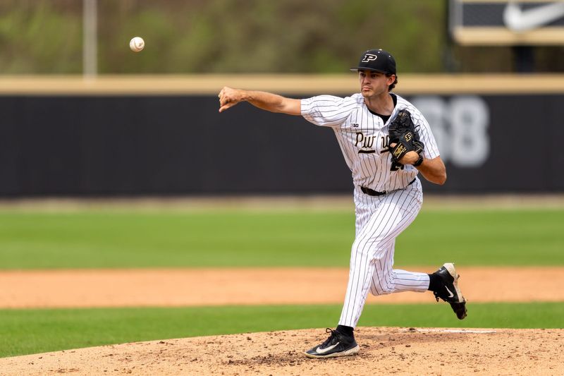 Purdue junior pitcher Cole Van Assen throws a pitch against Illinois at Alexander Field in West Lafayette on April 3, 2026. Van Assen allowed one hit over six innings in Purdue's 6-1 victory.