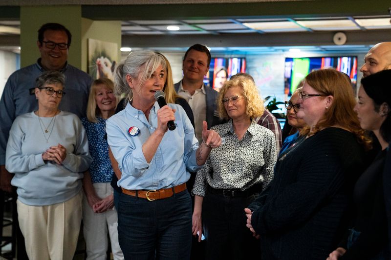 Mary Allen speaks after being announced the democratic candidate for Indiana's 8th District Congressional seat during a primary watch party in Downtown Evansville, Ind., Tuesday, May 5, 2026.