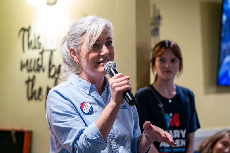Mary Allen speaks after being announced the democratic candidate for Indiana's 8th District Congressional seat during a primary watch party in Downtown Evansville, Ind., Tuesday, May 5, 2026.