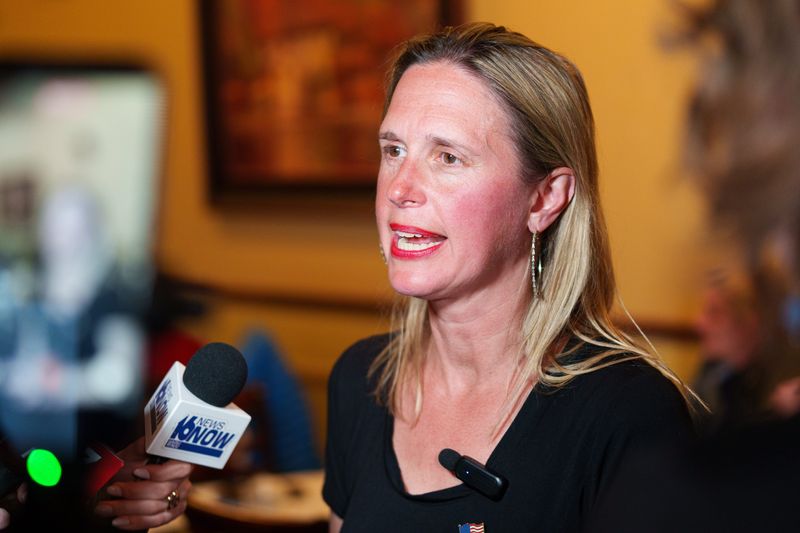Amy Drake, incumbent Republican candidate for the St. Joseph County Council District B seat, speaks to the media Tuesday, May 5, 2026, at Villa Macri in Granger after winning the primary election.