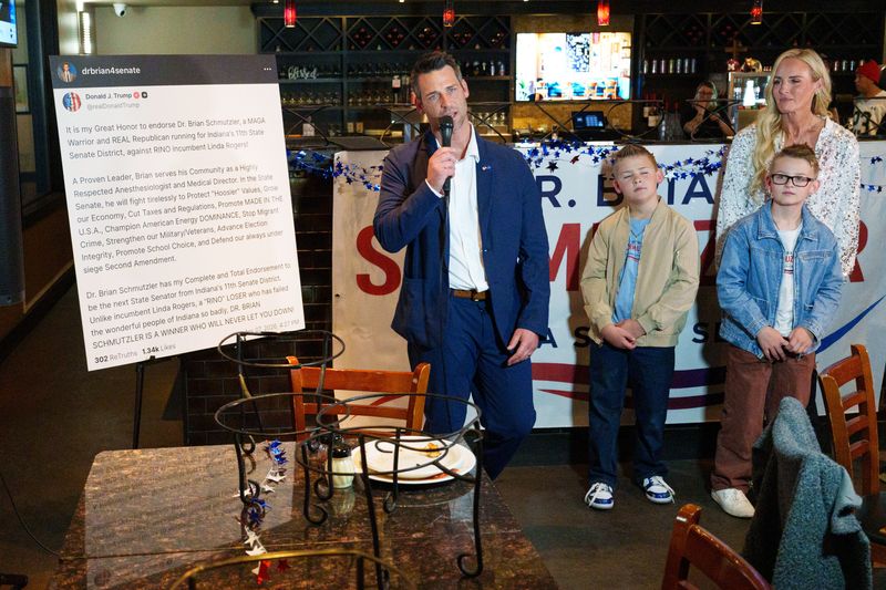 Brian Schmutzler, republican candidate for Indiana State Senate District 11, speaks to supporters after winning the primary election at JC's Coal Oven Pizza Co. on Tuesday, May 5, 2026, in Granger.