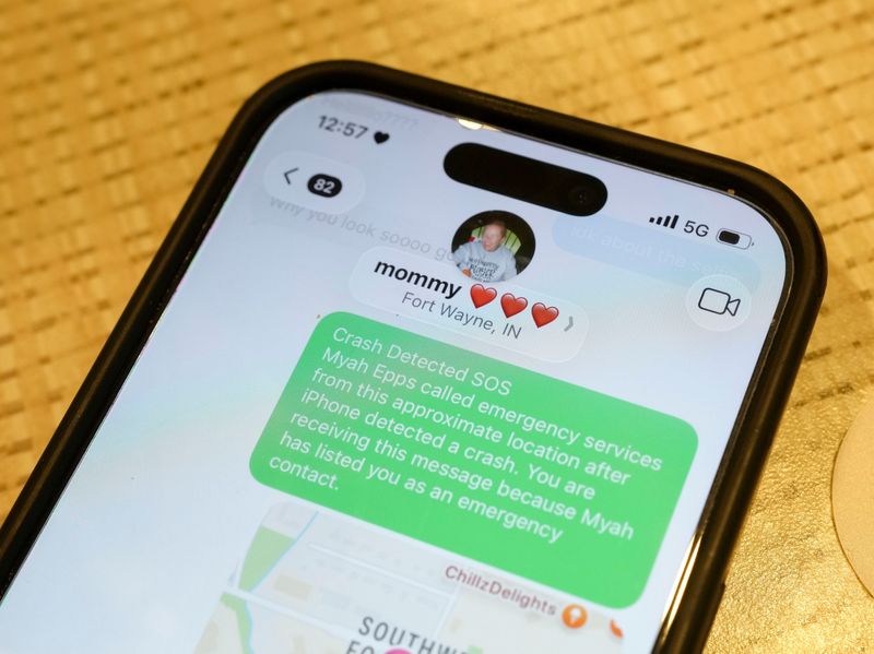 A text message sent automatically from Myah Epp’s phone to her mother when she was in a car accident. The text is pictured Wednesday, April 29, 2026, in Fort Wayne, Ind. Epps was in a car accident March 13 that left her with injuries, including two broken vertebrae and a cracked rib.