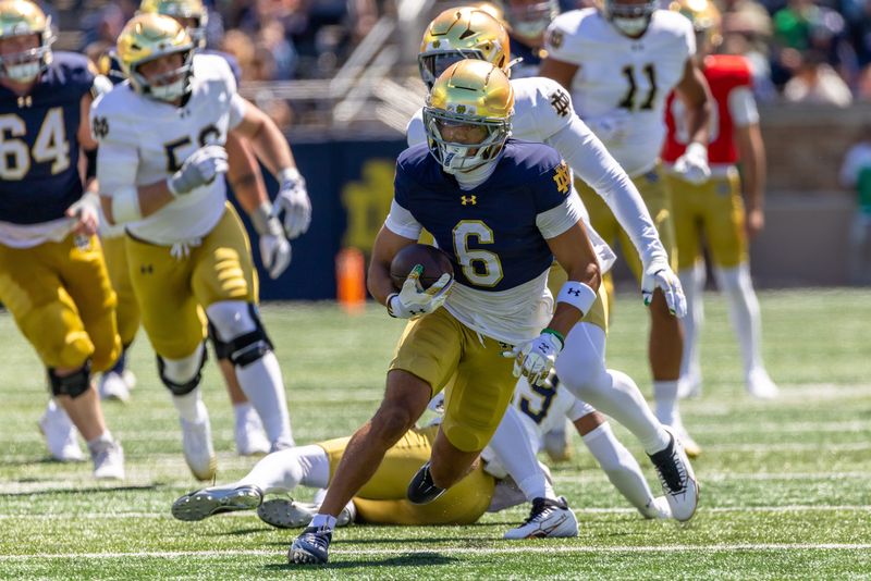Apr 25, 2026; Notre Dame, IN, USA; Notre Dame Fighting Irish wide receiver Jordan Faison (6) runs with the ball during the Blue-Gold game at Notre Dame Stadium. Mandatory Credit: Michael Caterina-Imagn Images