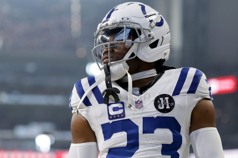 INDIANAPOLIS, INDIANA - SEPTEMBER 14: Kenny Moore II #23 of the Indianapolis Colts reacts while playing against the Denver Broncos in the game at Lucas Oil Stadium on September 14, 2025 in Indianapolis, Indiana. (Photo by Michael Hickey/Getty Images)
