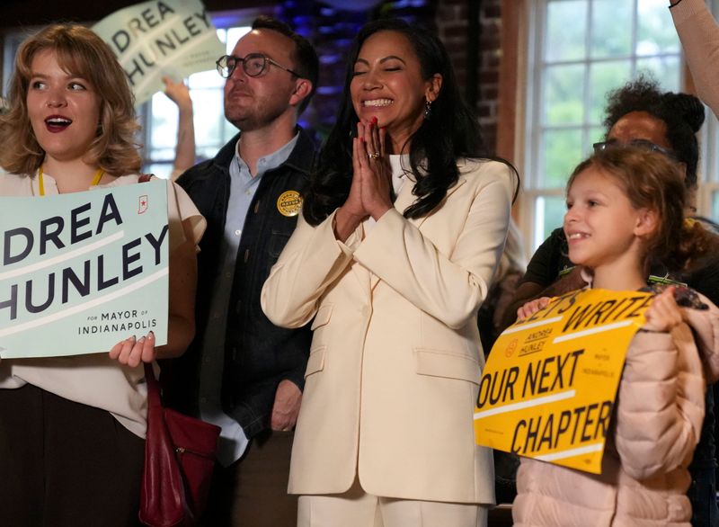 Indiana State Sen. Andrea Hunley reacts as attendees cheer during a Party for the People event Friday, May 8, 2026, at Tinker House Events in Indianapolis. Hunley announced her campaign for mayor of Indianapolis during the event.