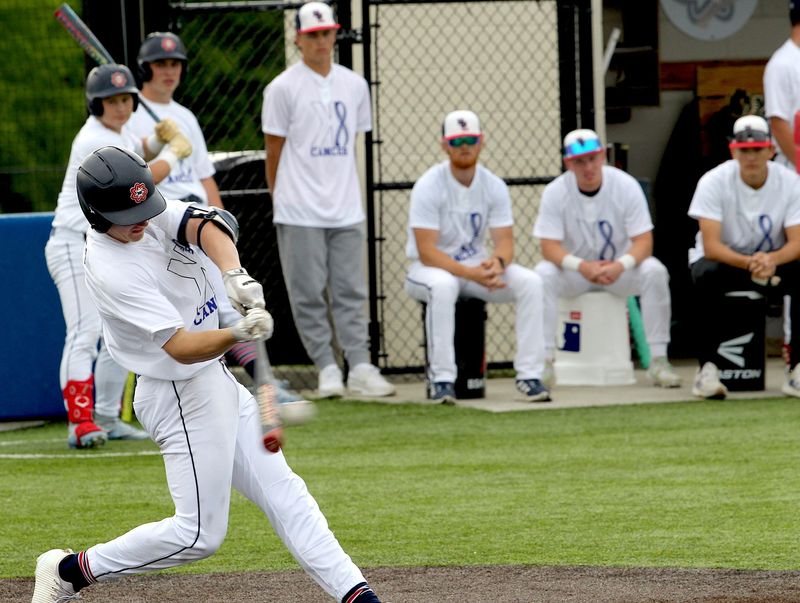 Bedford North Lawrence's Cam Gates (2) connects at the plate during the 12th annual BNL Stars vs Cancer game on May 8, 2026, at the BNL baseball field Friday.