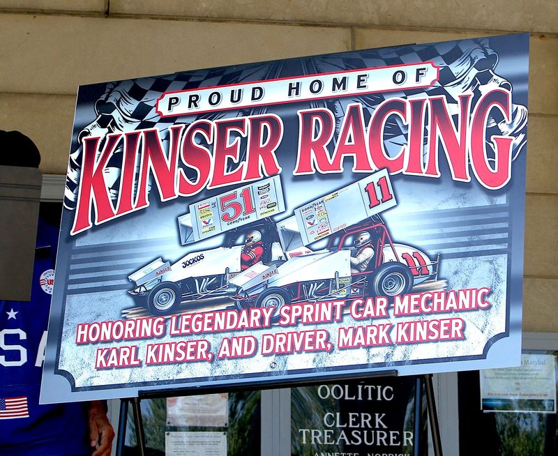A sign honoring longtime sprint car owner and mechanic Karl Kinser and his son, driver Mark Kinser, was unveiled Saturday, May 9, 2026, in Oolitic.