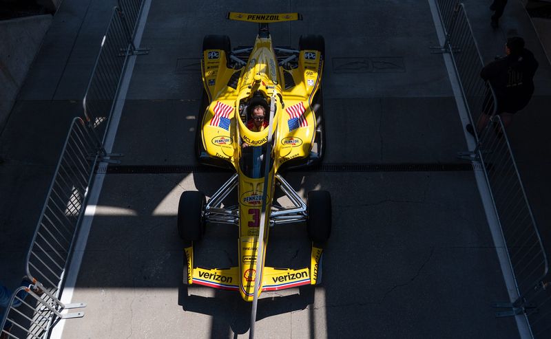 The car of Team Penske driver Scott McLaughlin (3) is pulled through Gasoline Alley on Tuesday, May 12, 2026, during practice for the 110th running of the Indianapolis 500 at Indianapolis Motor Speedway.