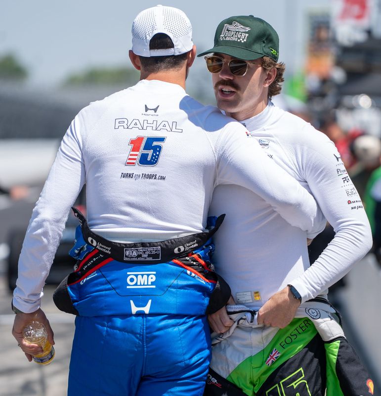 Rahal Letterman Lanigan Racing drivers Graham Rahal (15) and Louis Foster (45) talk Tuesday, May 12, 2026, ahead of practice for the 110th running of the Indianapolis 500 at Indianapolis Motor Speedway.