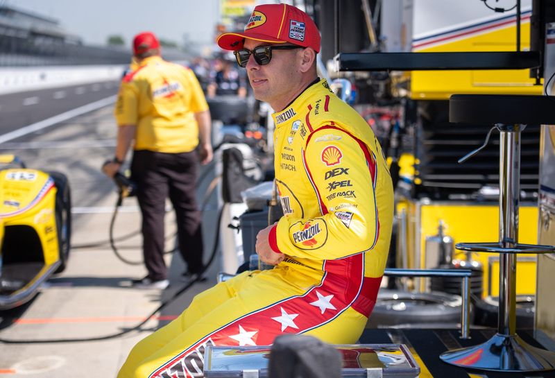 Team Penske driver Scott McLaughlin (3) sits in his pit box Tuesday, May 12, 2026, during practice for the 110th running of the Indianapolis 500 at Indianapolis Motor Speedway.