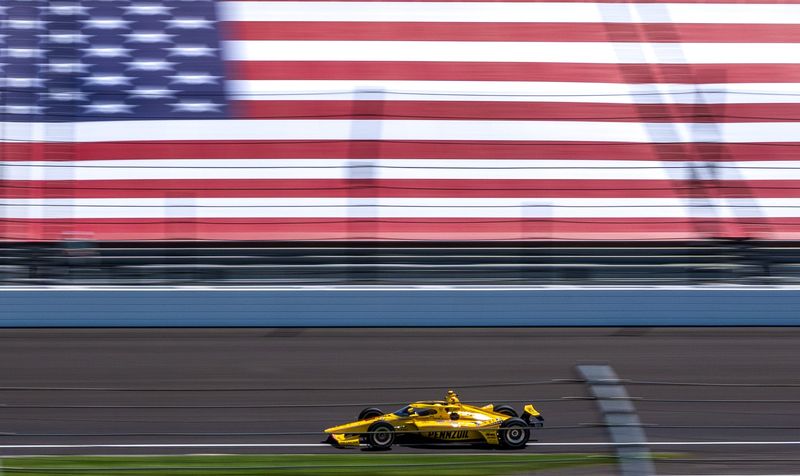 Team Penske driver Scott McLaughlin (3) makes his way through turn two Tuesday, May 12, 2026, during practice for the 110th running of the Indianapolis 500 at Indianapolis Motor Speedway.
