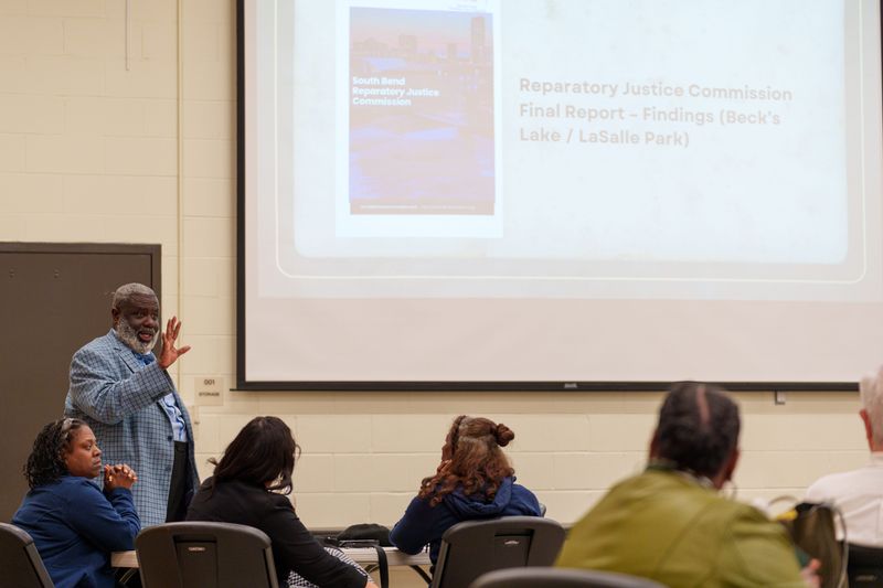South Bend Common Council member Oliver Davis speaks during a community meeting hosted by Black Lives Matter South Bend on Tuesday, May 12, 2026, at the Charles Black Community Center in South Bend. The meeting was held to discuss a report recently filed by the South Bend Reparatory Justice Commission that found that the city has "an extensive history of discrimination against its Black citizens."