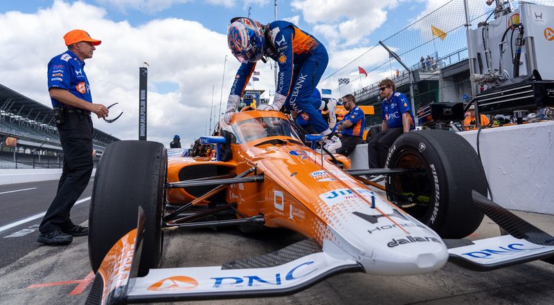 Chip Ganassi Racing driver Scott Dixon (9) sits down into his car Wednesday, May 13, 2026, during practice for the 110th running of the Indianapolis 500 at Indianapolis Motor Speedway.