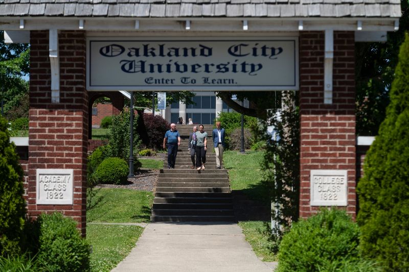 Oakland City University holds a staff meeting announcing the school will remain open thanks to a "strategic partnership" still pending final approval Wednesday, May 13, 2026.