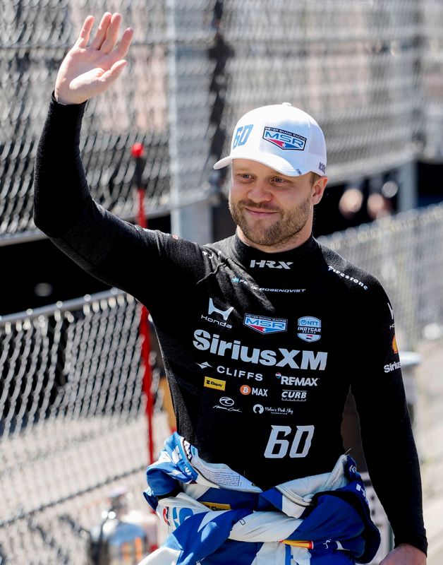 Meyer Shank Racing with Curb Agajanian driver Felix Rosenqvist (60) waves to fans Thursday, May 14, 2026, during practice for the 110th running of the Indianapolis 500 at Indianapolis Motor Speedway.
