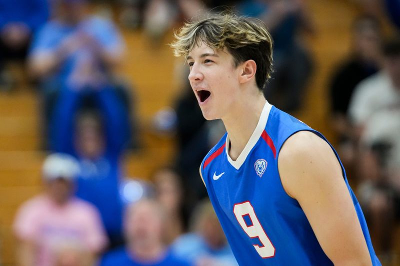 Hamilton Southeastern Royals outside hitter Ethan Kilberg (9) celebrates Thursday, May 14, 2026, during a boys volleyball sectionals matchup at Hamilton Southeastern High School in Fishers.