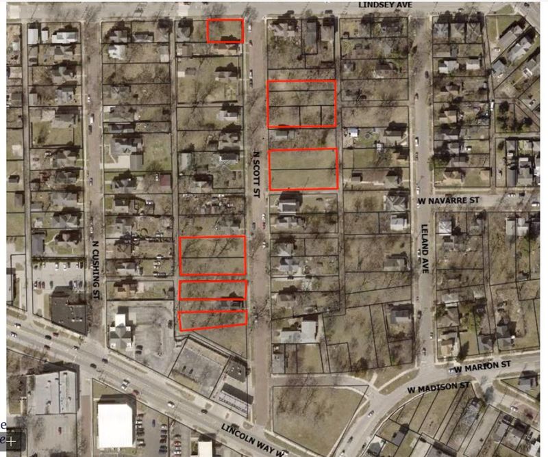 Six lots of land on Scott Street the Near Northwest Neighborhood Inc. wants to acquire from the South Bend Redevelopment Commission to build detached homes and townhouses.