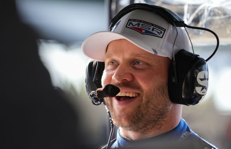 Meyer Shank Racing with Curb Agajanian driver Felix Rosenqvist (60) talks with teammates on Friday, May 15, 2026, during Fast Friday practice for the 110th running of the Indianapolis 500 at Indianapolis Motor Speedway.