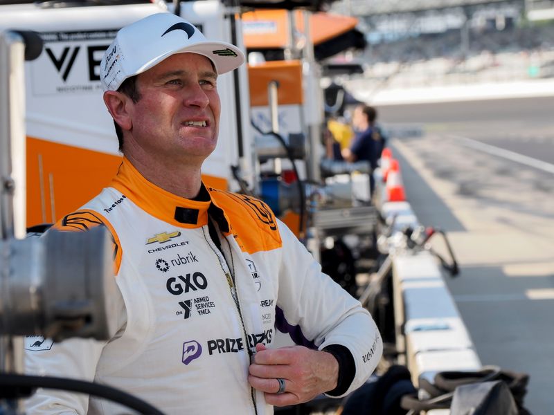 Arrow McLaren driver Ryan Hunter-Reay (31) looks out on the track Sunday, May 17, 2026, ahead of qualifying for the 110th running of the Indianapolis 500 at Indianapolis Motor Speedway.