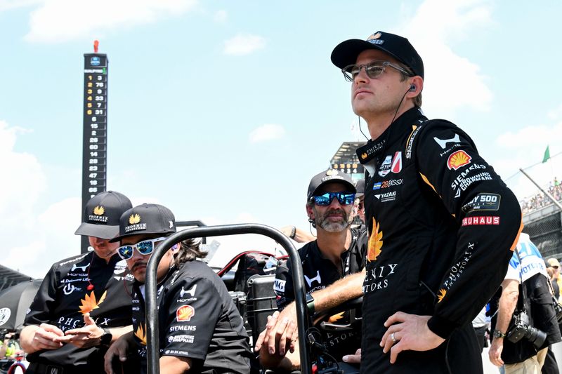 Andretti Global driver Marcus Ericsson (28) looks out on the track Sunday, May 17, 2026, during qualifying for the 110th running of the Indianapolis 500 at Indianapolis Motor Speedway.