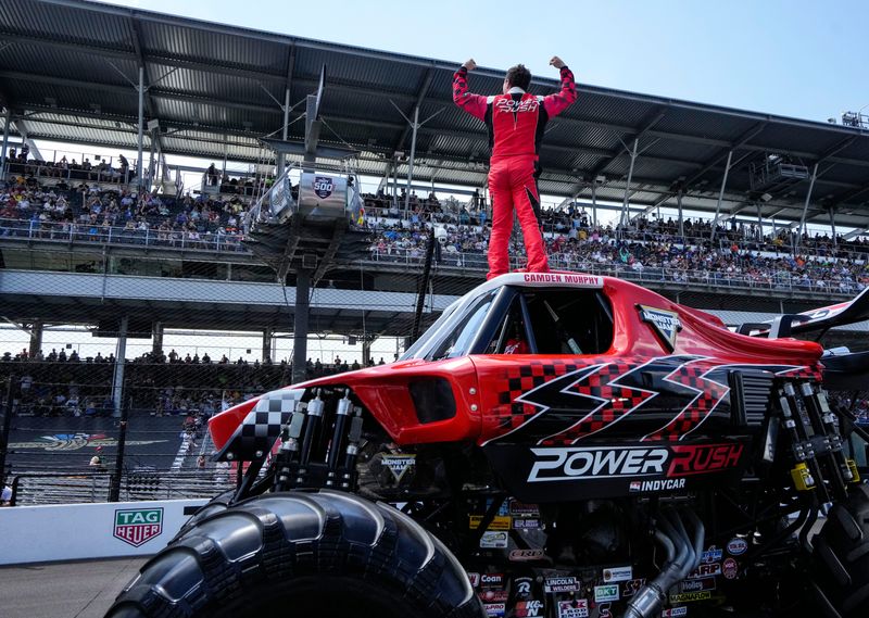 Camden Murphy sets the world speed record for a monster truck Sunday, May 17, 2026, on the backstretch at Indianapolis Motor Speedway.