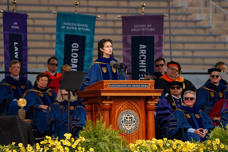Sister Raffaella Petrini delivers the featured speech at the University of Notre Dame's commencement ceremony Sunday, May 17, 2026, at Notre Dame Stadium. She is the president of the Pontifical Commission and president of the Governorate of Vatican City State.