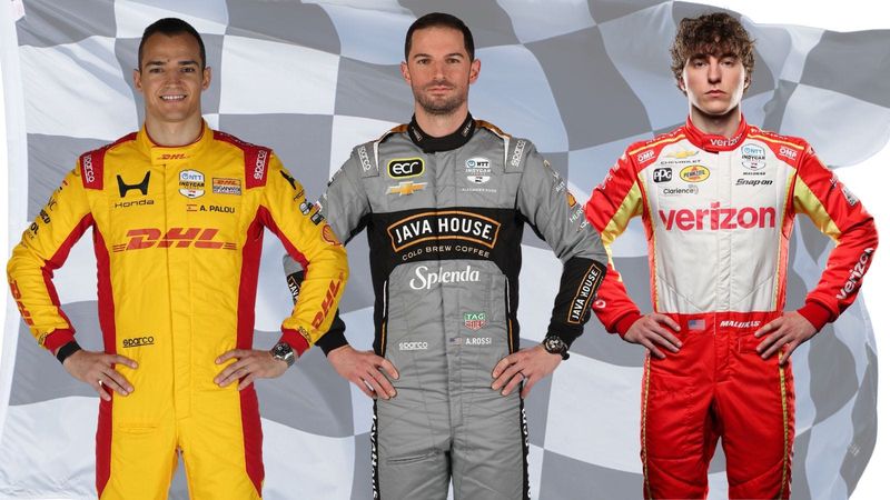 Row 1 for the 2026 Indianapolis 500 (from left): Alex Palou, Alexander Rossi, David Malukas