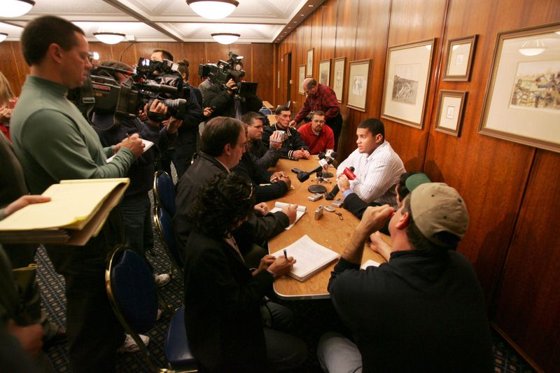 Dec. 1, 2004; South Bend, IN USA; Irish OL Ryan Harris speaks with the media one day after AD Kevin White announced that Notre Dame would not retain Tyrone Willingham as head coach. Mandatory Credit: Photo By Matt Cashore-USA TODAY Sports Copyright (c) 2004 Matt Cashore