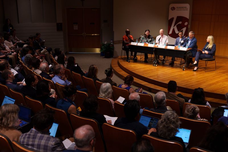 The Rev. Rodrigo Zarazaga, second from right, speaks during the 2026 Global Democracy Conference at the University of Notre Dame on Tuesday, May 19, 2026, in South Bend.