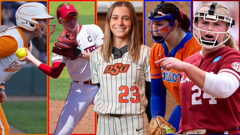 L-R: Tennessee's Maddi Rutan (Columbus North), Texas Tech's Jackie Lis (Castle), Oklahoma State's Melina Wilkison (Greensburg), Florida's Keagan Rothrock (Roncalli), Oklahoma's Audrey Lowry (Tri-West)