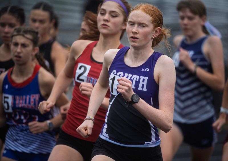 South's Lexi Kollbaum competes in the 1600 meter race during the IHSAA girl's sectional track meet at Bloomington High School South on Wednesday, May 20, 2026.