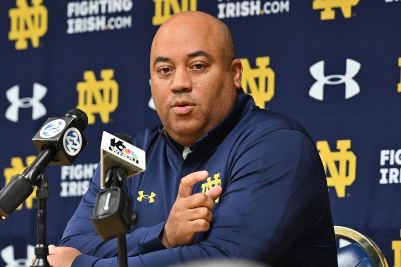 Notre Dame MenÃƒÂ¢Ã¢â€šÂ¬Ã¢â€žÂ¢s Basketball head coach Micah Shrewsberry speaks at Media Day Thursday, Oct. 19, 2023, at the Purcell Pavilion.