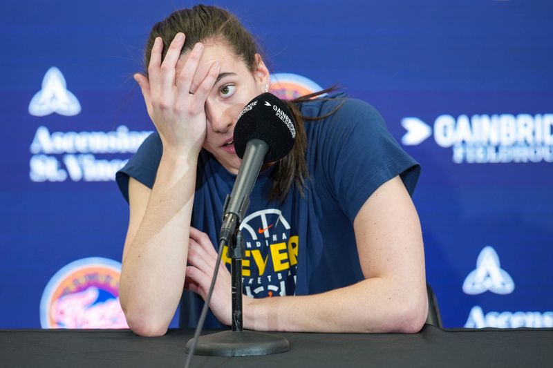 Indiana Fever guard Caitlin Clark talks with media Friday, May 22, 2026, before a game against the Golden State Valkyries at Gainbridge Fieldhouse in Indianapolis.