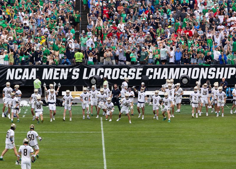May 27, 2024; Philadelphia, PA, USA; The Notre Dame fighting Irish bench reacts to a goal by attack Chris Kavanagh (50) against the Maryland Terrapins during the first quarter at Lincoln Financial Field. Mandatory Credit: Bill Streicher-USA TODAY Sports