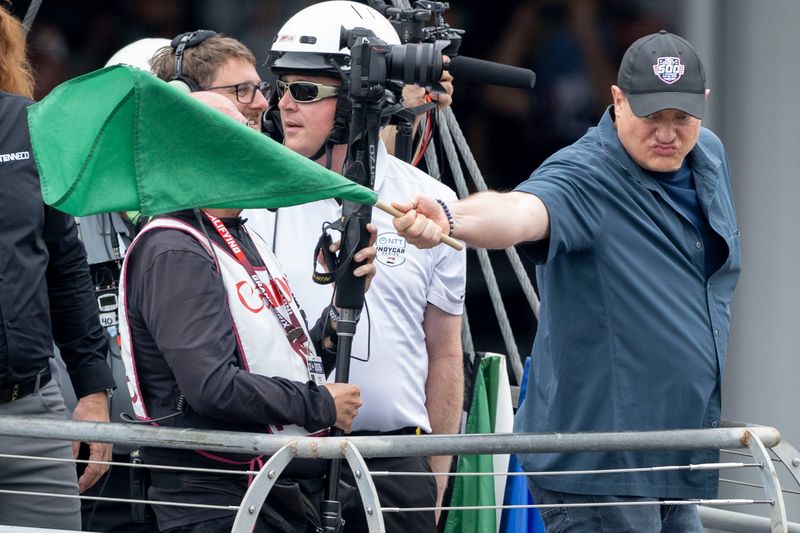 Brendan Fraser waves the green flag Sunday, May 24, 2026, during the 110th running of the Indianapolis 500 at Indianapolis Motor Speedway.